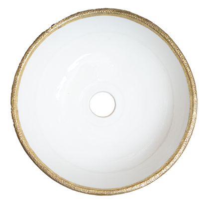 Top view of Handmade Moroccan white ceramic bowl sink with elegant brass-rimmed edge and matching brass base